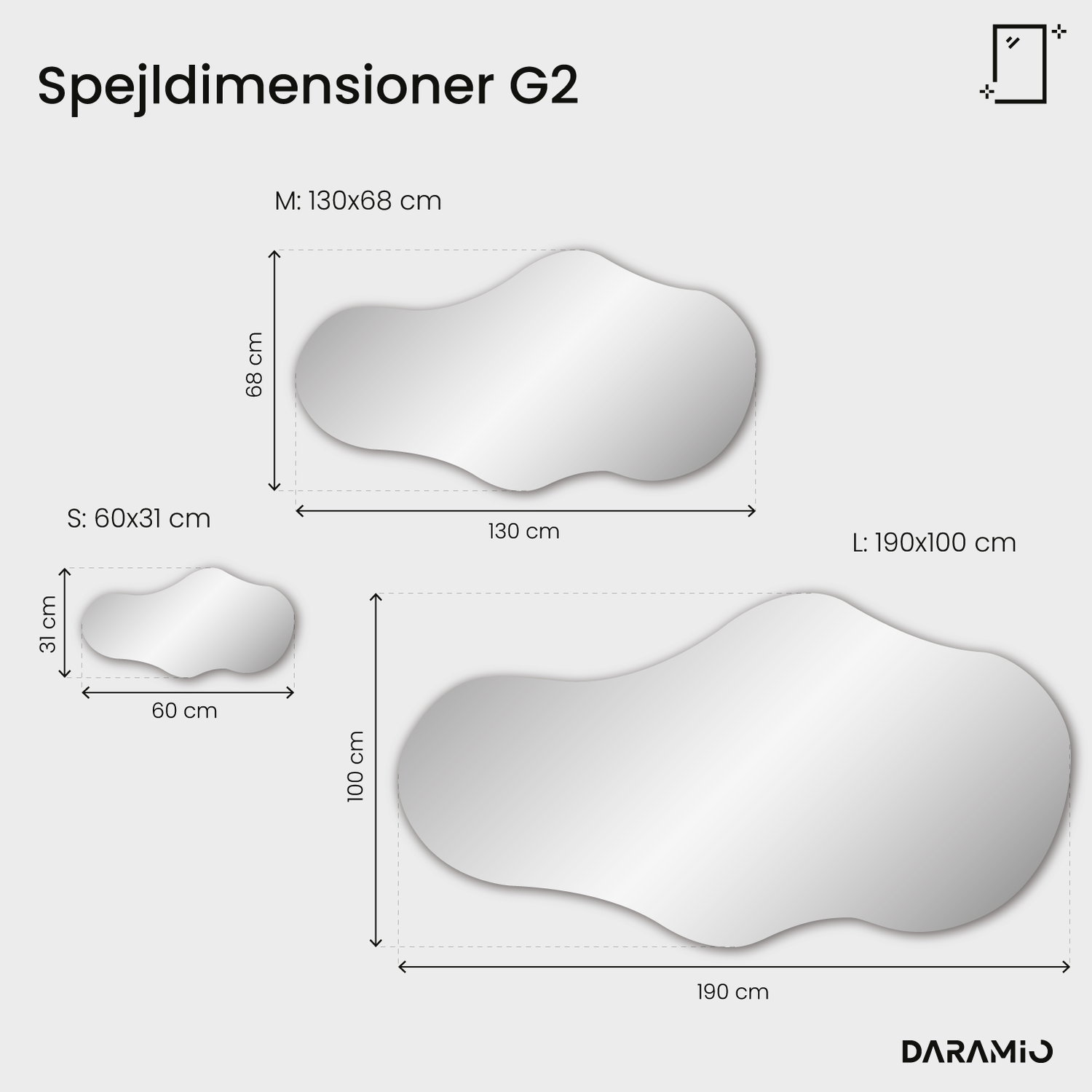 Skyformet spejl med lys G2 60x31 cm