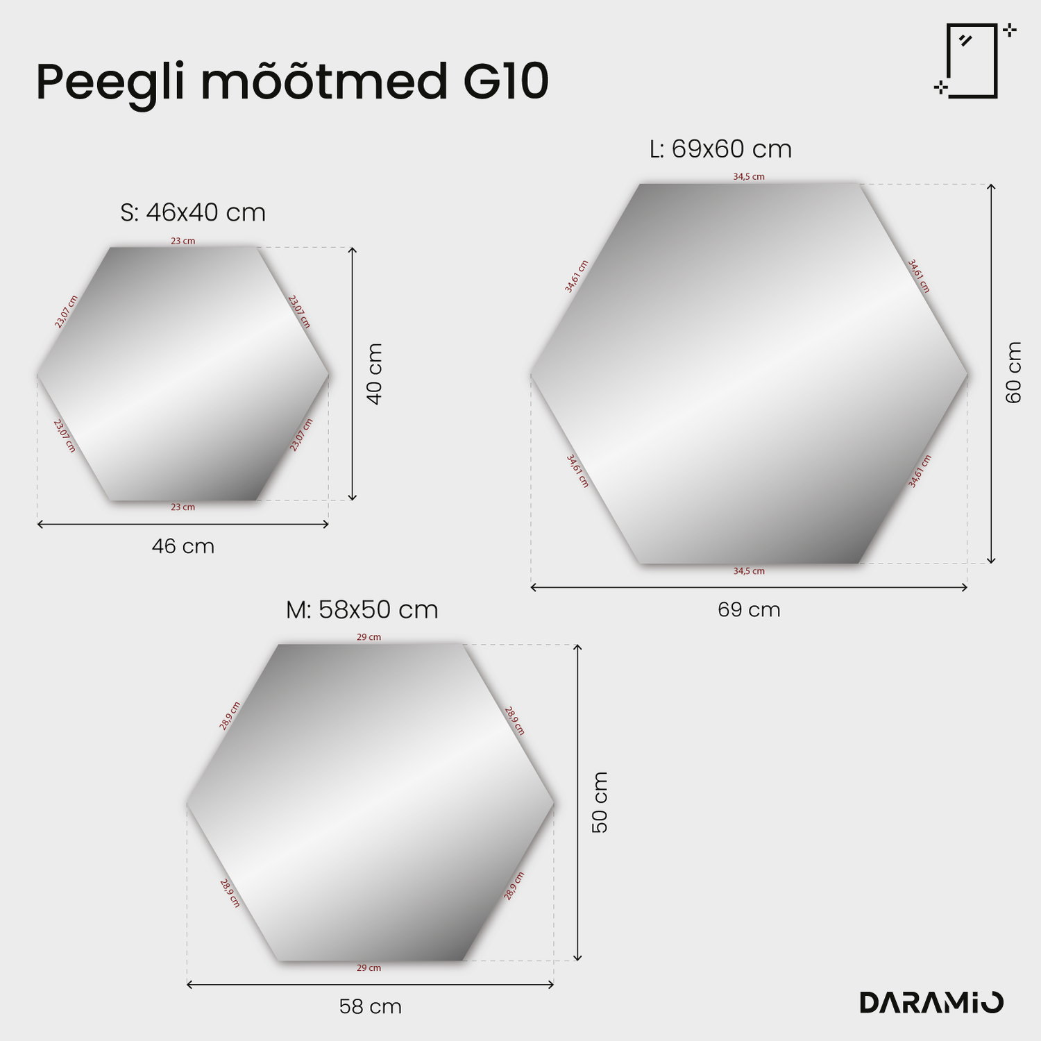 LED-valgustusega kuusnurkne peegel G10 46x40 cm