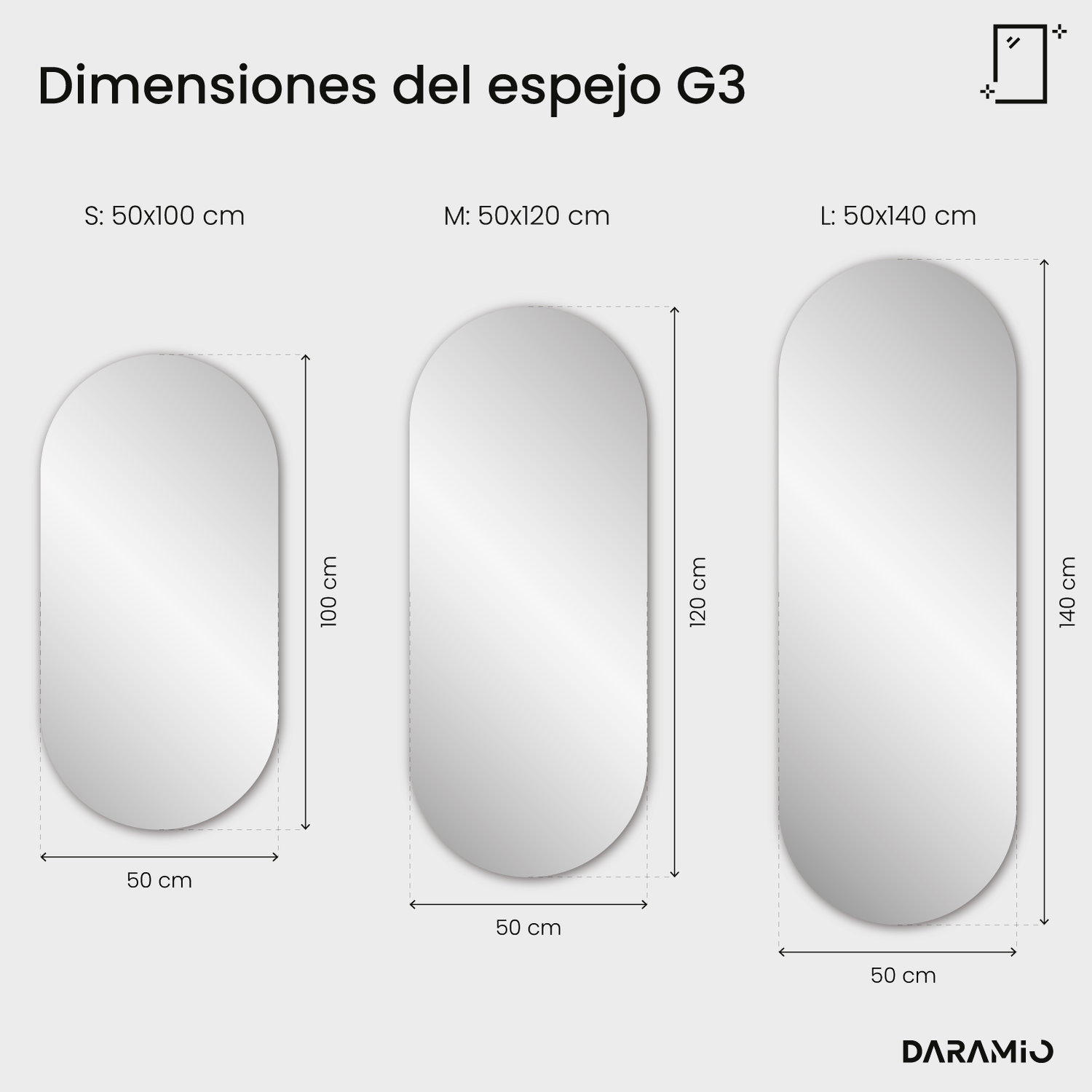 Espejo alargado con luz y extremos redondeados G3 50x100 cm