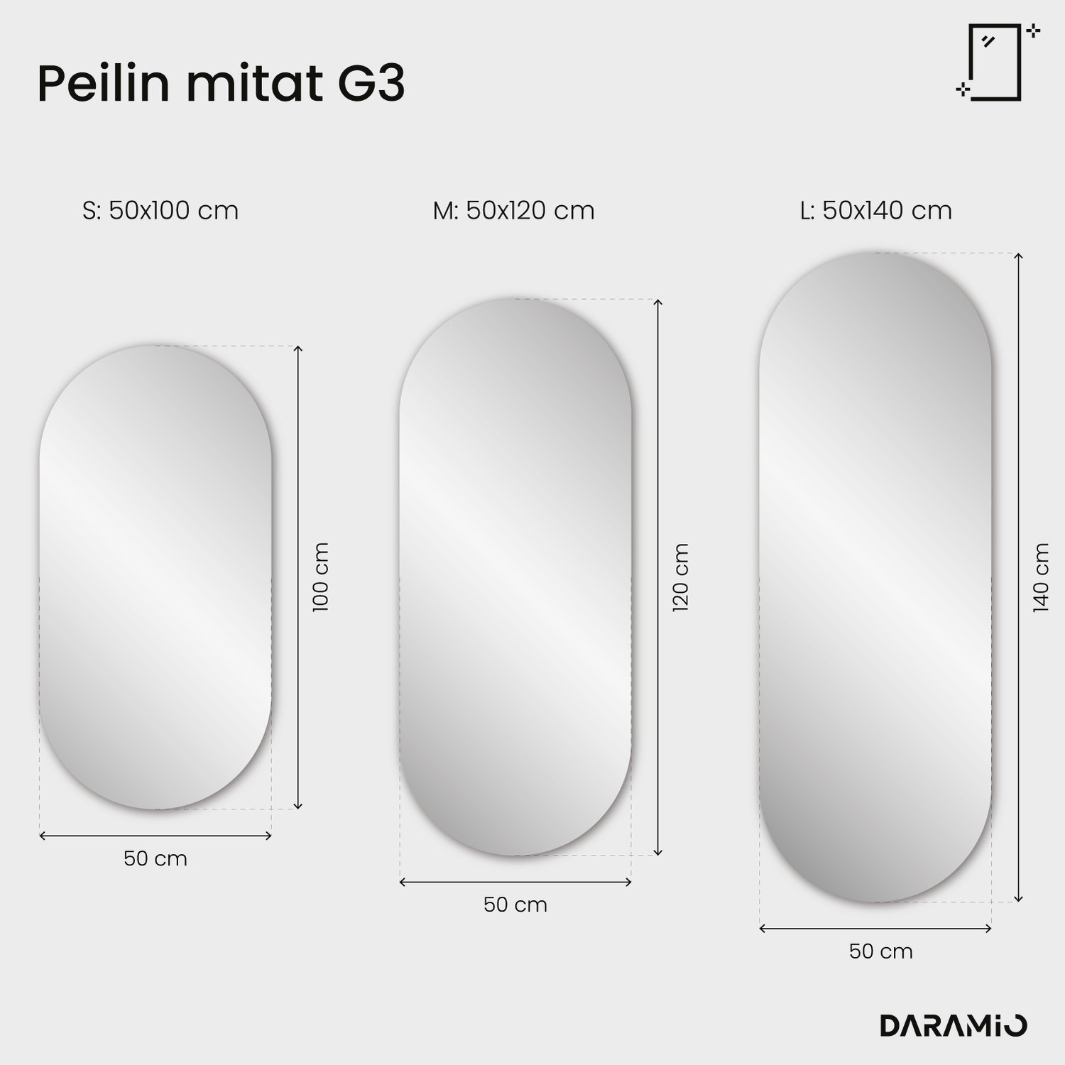 Pitkänomainen LED-valopeili pyöristetyillä päillä G3 50x100 cm