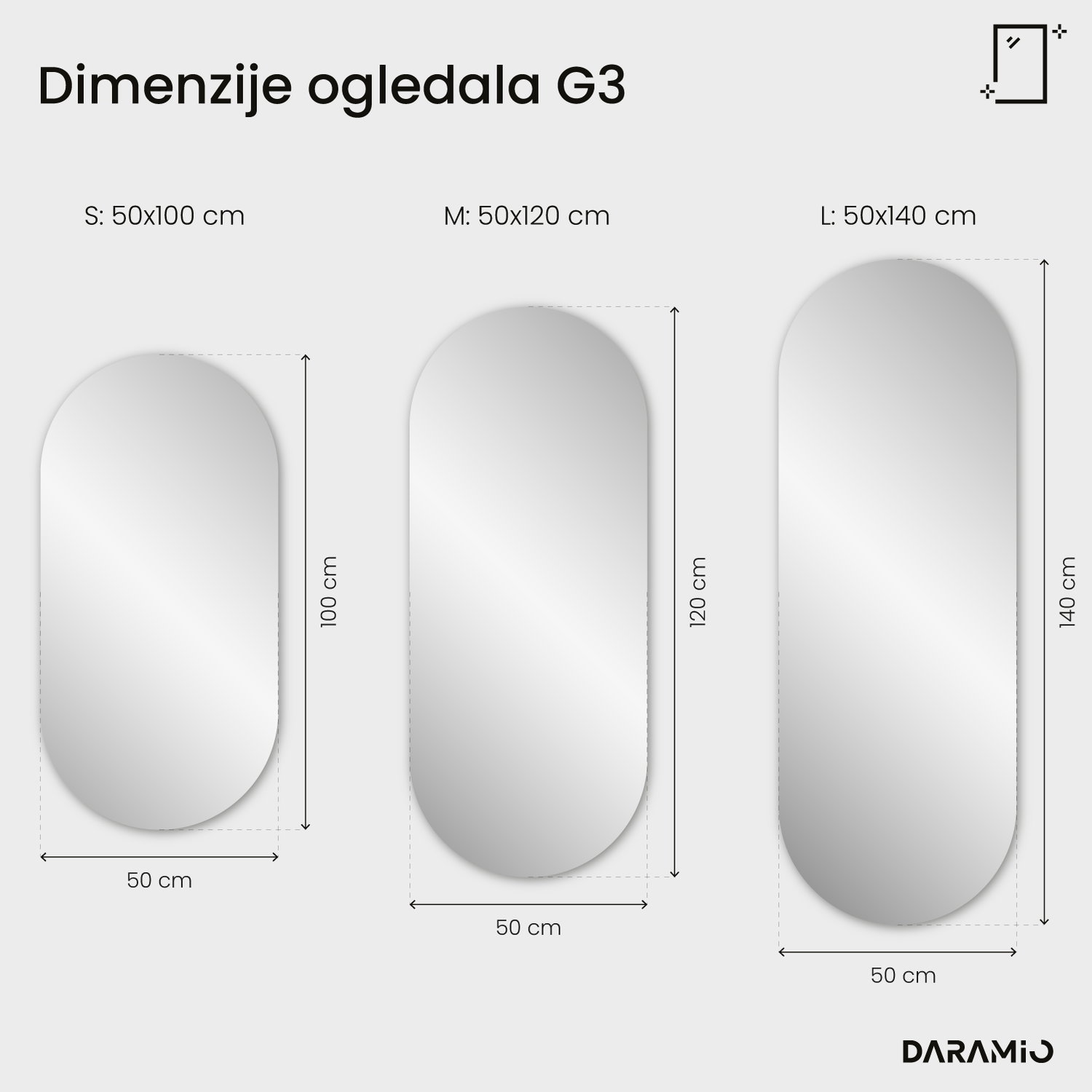 LED ogledalo izduženog oblika sa zaobljenim krajevima G3 50x100 cm