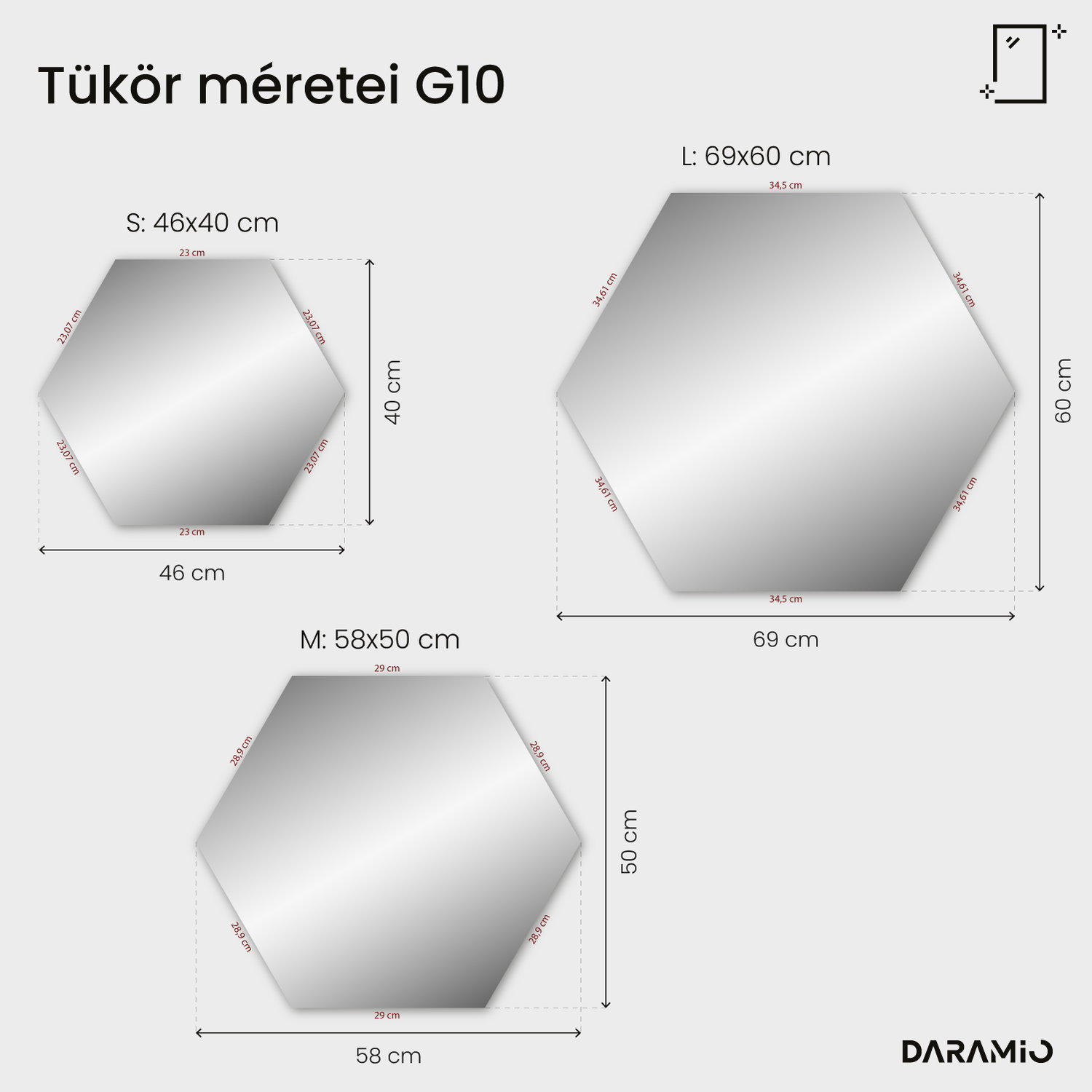 Hatszögletű tükör LED-világítással G10 46x40 cm