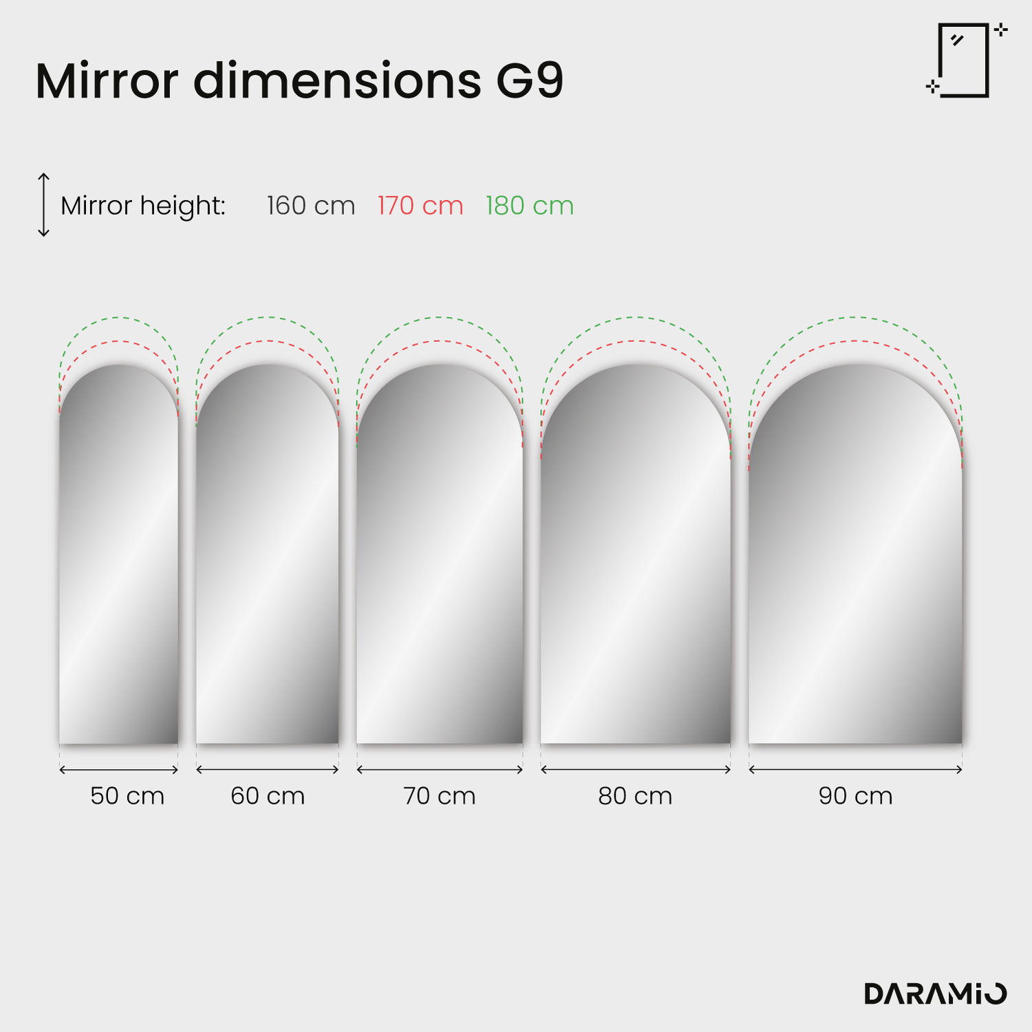 Arched mirror with LED lighting G9 50x160 cm
