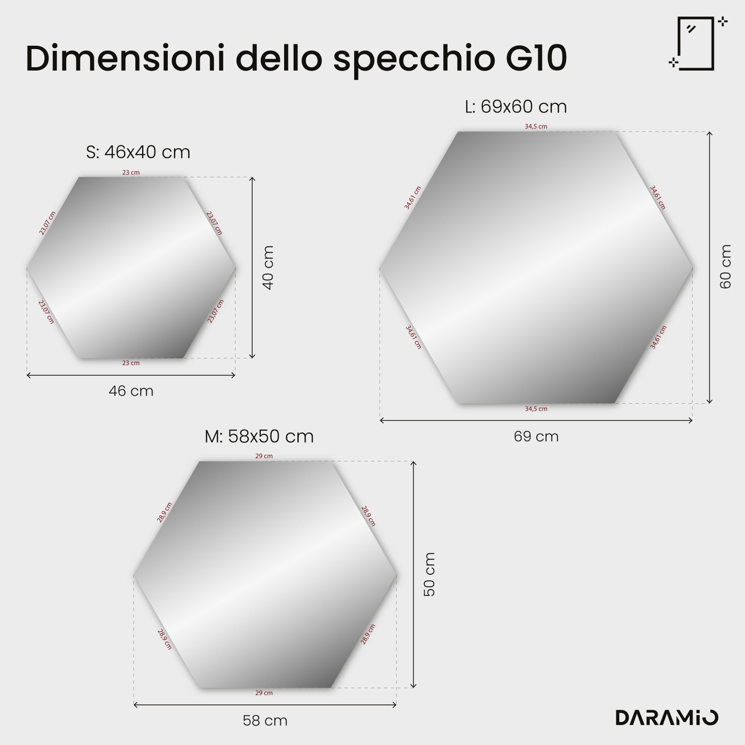 Specchio esagonale con luce LED G10 46x40 cm