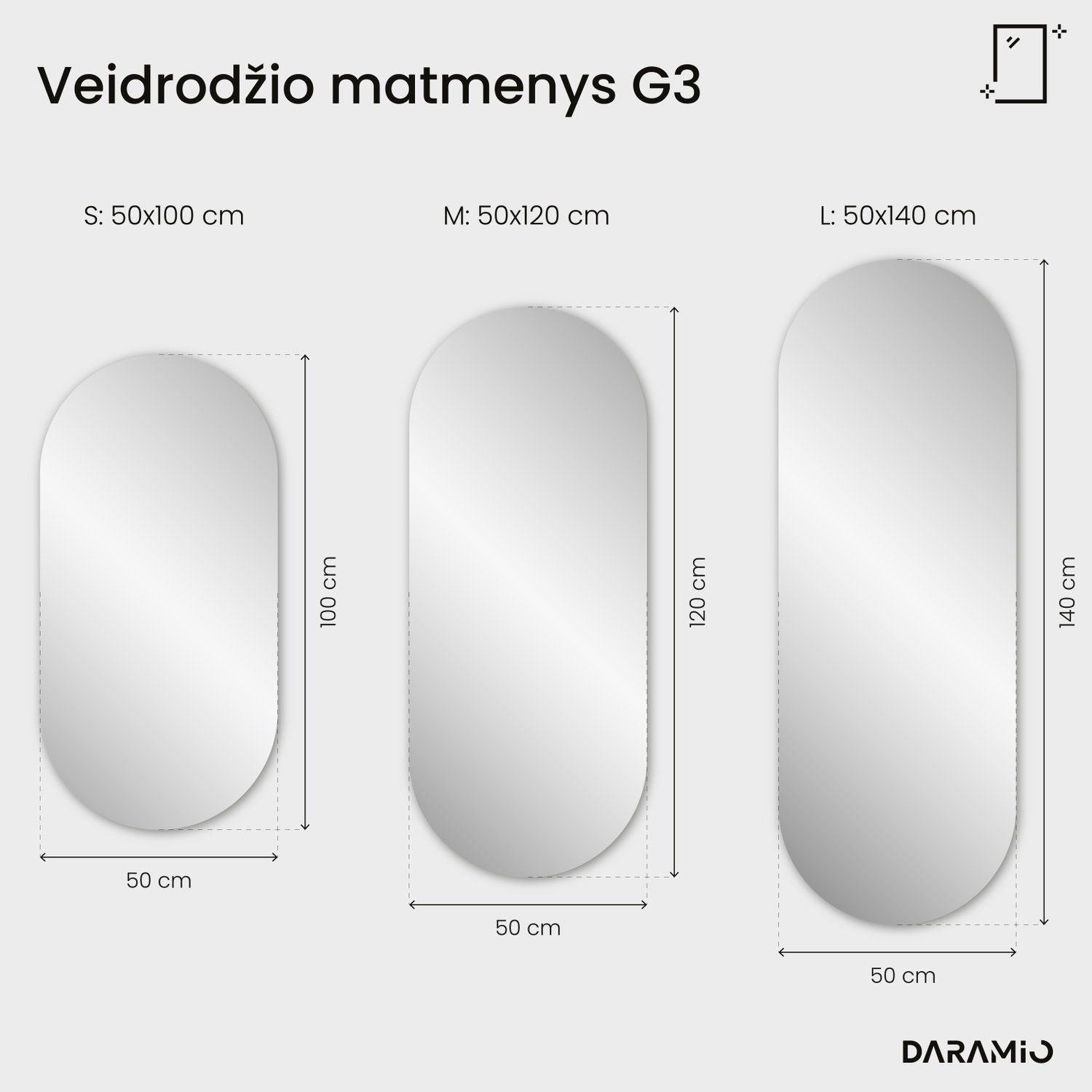Pailgas veidrodis su užapvalintais galais ir LED apšvietimu G3 50x100 cm