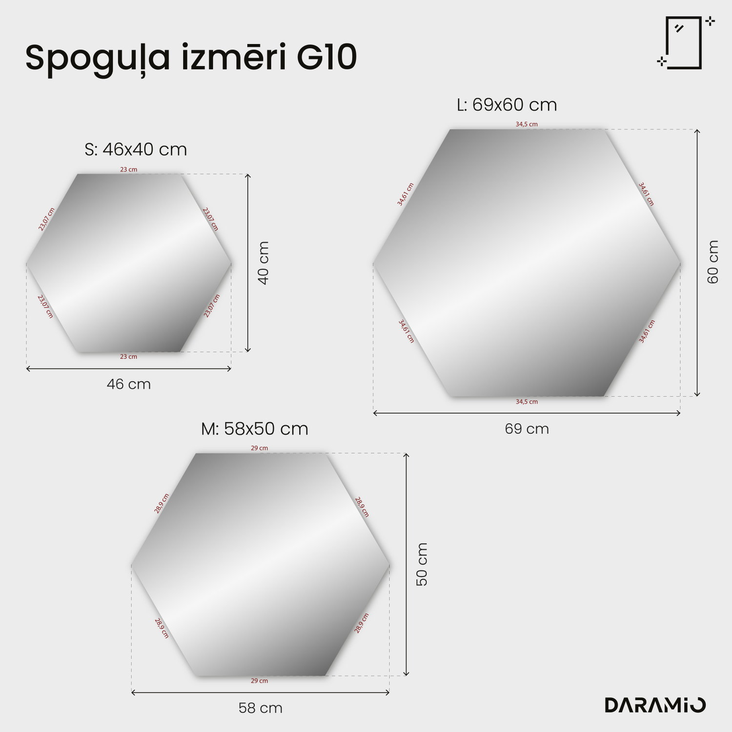 Sešstūra LED spogulis G10 46x40 cm