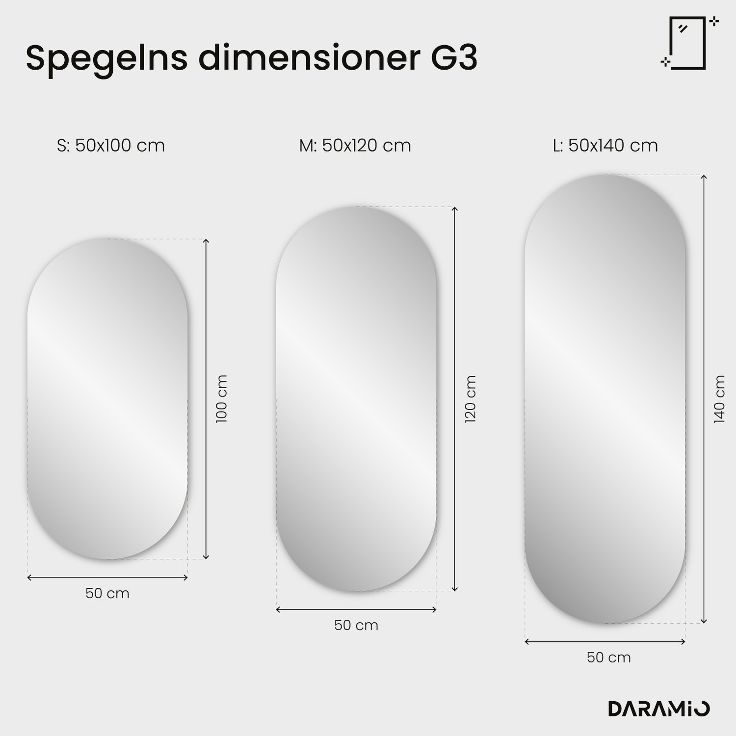Avlång spegel med belysning och rundade ändar G3 50x100 cm