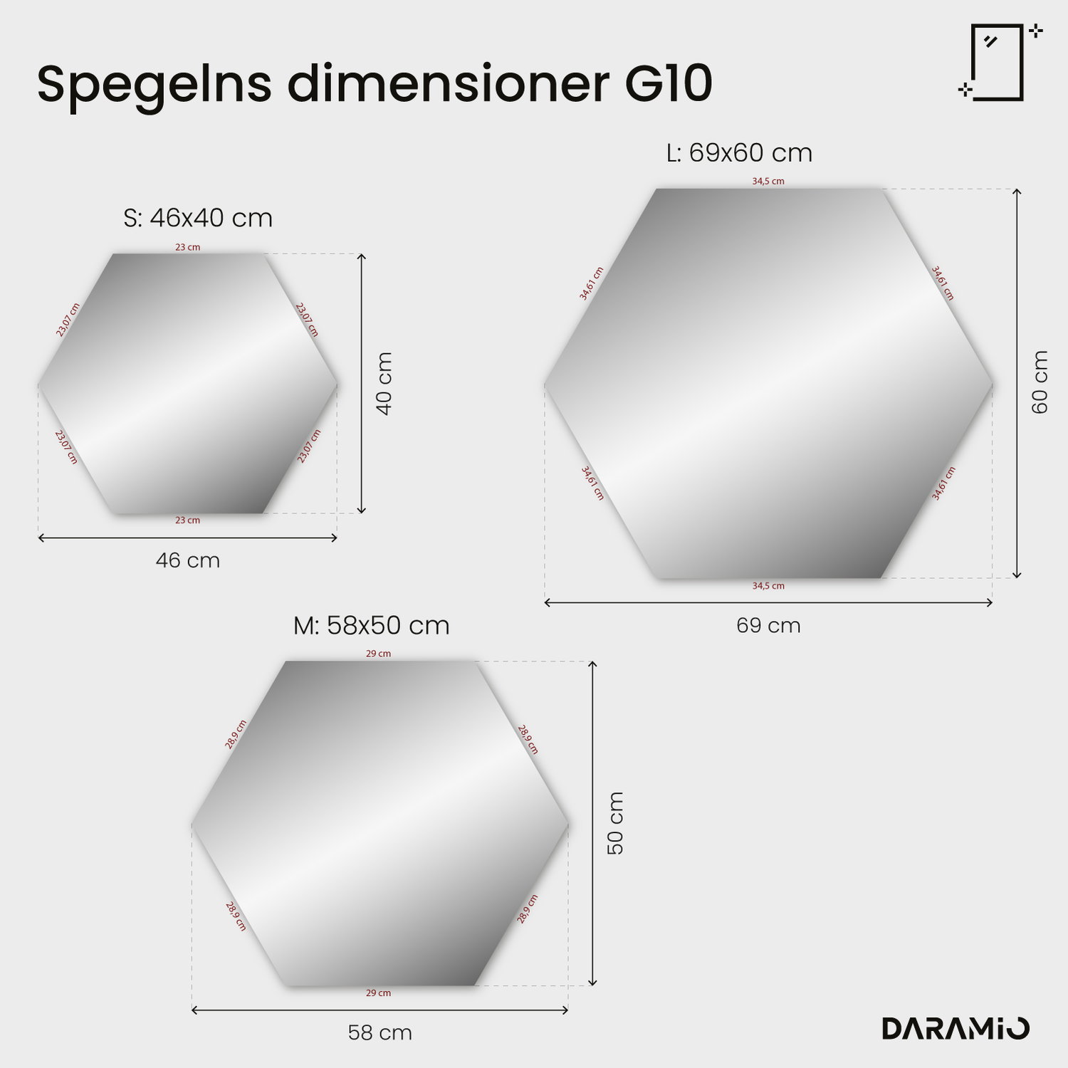 Sexkantig spegel med belysning G10 46x40 cm