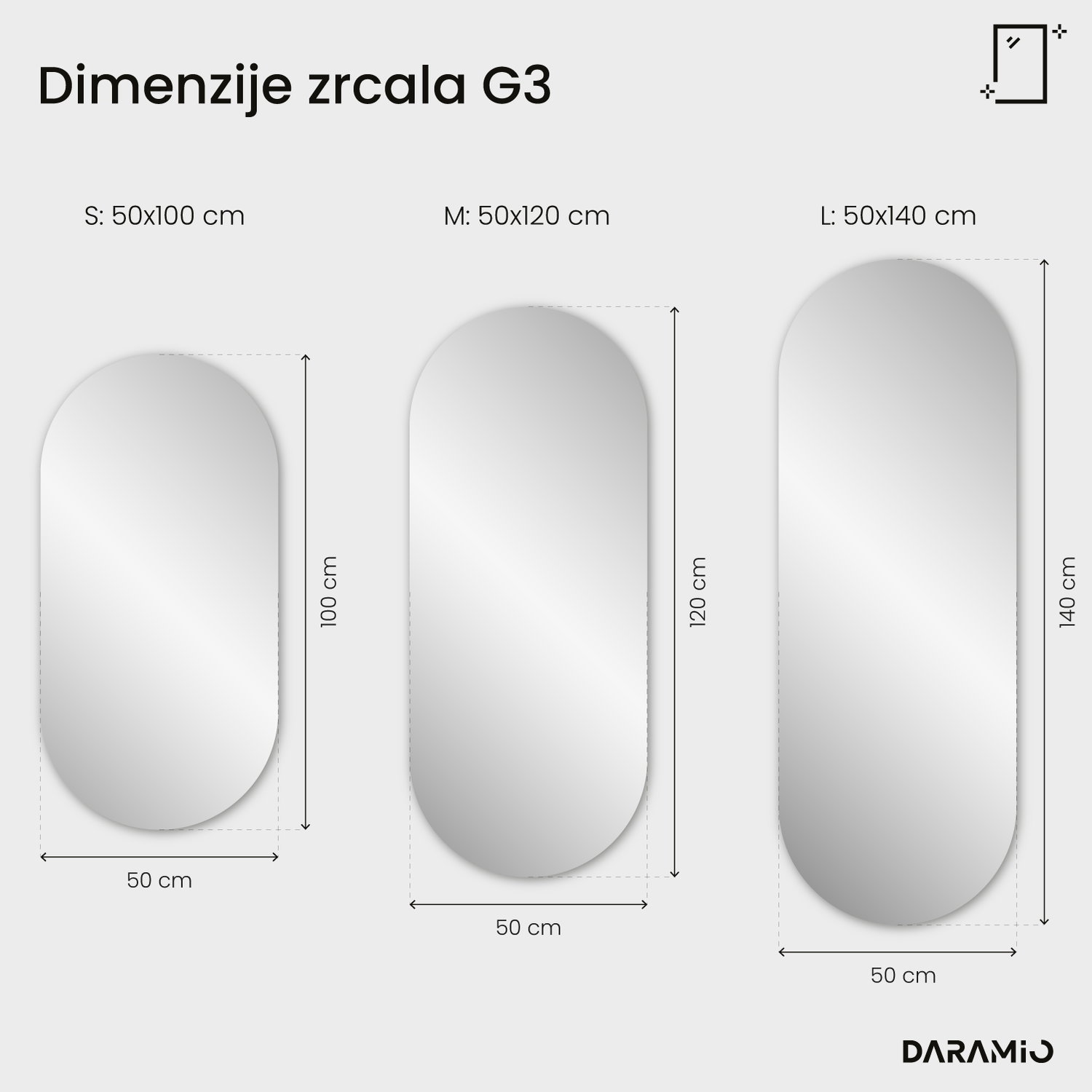 Podolgovato LED ogledalo z zaobljenima koncema G3 50x100 cm